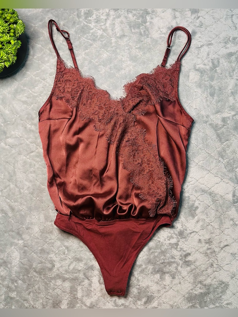 Abercrombie & Fitch Wine-Red Satin Lace Trim Bodysuit